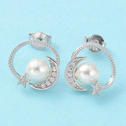 シェルパールダングルスタッドピアス  ムーン&スター リアルプラチナメッキ ロジウムメッキ 925スターリングシルバー イヤリング  スタンプ925個付き  貝殻色  13x13mm&nbsp;EJEW-Z024-09A-P