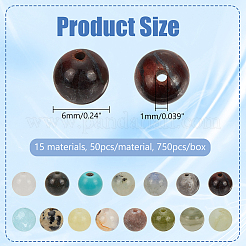 天然＆合成宝石ビーズ  ラウンド  染めと未染色の混合  6~6.5mm  穴：0.8~1mm  15スタイル  50個/スタイル  750個/箱&nbsp;G-NB0001-65
