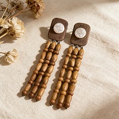 Pendientes de botón de madera y perlas de imitación&nbsp;WGE84F1-01