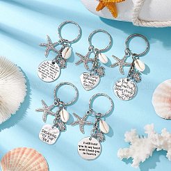 チベット風合金と天然貝のキーホルダー  鉄のスプリットキーリング付き  ヒトデ/カメ/甲羅の形  アンティークシルバー  7.05~7.5cm  5スタイル  1個/スタイル  5個/セット&nbsp;KEYC-JKC00929
