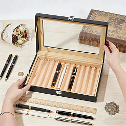 Boîtes de rangement pour stylos en cuir PU noir avec couvercle transparent.&nbsp;CON-WH0107-129A