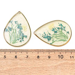 真鍮、透明エポキシ樹脂、ドライフラワーのペンダント  花と蝶の模様があしらわれたティアドロップ型のチャーム  グリッターパウダー付き  淡いターコイズ  35x25.5x3.5mm  穴：0.9mm&nbsp;RESI-G133-02G-02