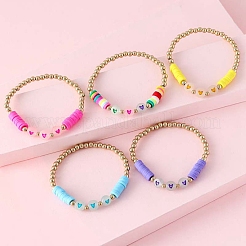 Set di 5 braccialetti elastici heishi con cuore acrilico luminoso e plastica e argilla polimerica&nbsp;HEAR-PW0001-123G