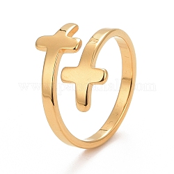 Chapado en iones (ip) 304 anillo de puño abierto de doble cruz de acero inoxidable para mujer, dorado, 2.5mm, diámetro interior: aproximamente 18 mm
