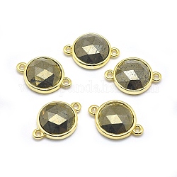 Connecteurs de liens en pyrite naturelle, avec les accessoires en laiton de tonalité d'or, plat rond, facette, 11.5x17x4.5mm, Trou: 1.2mm