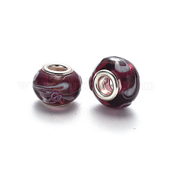 Perles européennes vernissées manuelles, perles de rondelle avec grand trou , en laiton de tonalité de platine noyaux doubles, brun coco, 14~15x9~10mm, Trou: 5mm