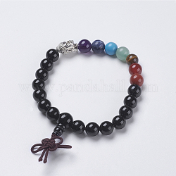 Chakra Jewelry, Natural Black Agate and Mixed Stone Buddha Stretch Bracelets, with Alloy Findings, Buddha Head, 2-1/8 inch(54mm), Pendant: 40x10mm