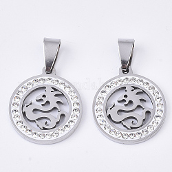 201 Stainless Steel Filigree Pendants, Flat Round with Dragon, with Random Size Snap On Bails and Polymer Clay Crystal Rhinestones, Stainless Steel Color, 23x20x2.5mm, Hole: 8~10x3~5mm