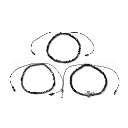 Verstellbare Nylonschnur geflochtene Perlen Armbänder Sets, mit Glasperlen, Messing runde Perlen und Messing Micro Pave klare Zirkonia Kreuzperlen, Schwarz, Innendurchmesser: 2-1/4~ 4-1/8 Zoll (5.6~10.5 cm), 3 Stück / Set.