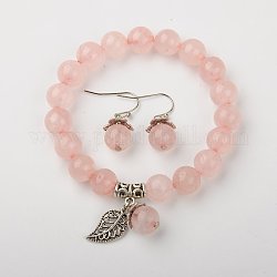 Naturel rose ensembles de bijoux de quartz, bracelets et boucles d'oreilles, avec des perles en laiton d'écartement et crochets en laiton, 2 pouce (5.2 cm), 27mm