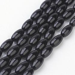 Glass Beads Strands, Rice, Elongated Oval Beads, Black, 12x6mm, Hole: 0.8mm, about 28pcs/strand, 13 inch