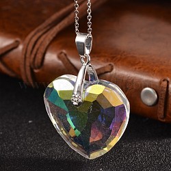Colore ab ciondoli di vetro cuore placcato, con accessori in ottone, platino, chiaro ab, 32x33x13mm, Foro: 4x7 mm