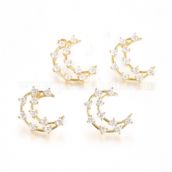 Brass Micro Pave Clear Cubic Zirconia Stud Earrings, with Ear Nuts, Long-Lasting Plated, Moon, Real 18K Gold Plated, 25x20.5x3mm, Pin: 0.7mm