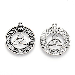 Tibetan Style Alloy Pendants, Cadmium Free & Lead Free, Flat Round with Trinity Knot, Antique Silver, 32.5x28.5x2mm, Hole: 2mm