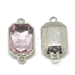 Alloy Glass Links connectors, Faceted, Rectangle Octagon, Platinum, Pearl Pink, 21x12x5.5mm, Hole: 1.5mm