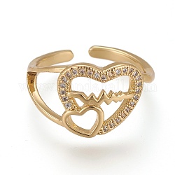 Latón micro pave anillos de brazalete de circonio cúbico, anillos abiertos, Plateado de larga duración, latido del corazón, real 18k chapado en oro, diámetro interior: 17 mm