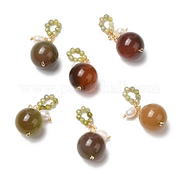 Decorazioni pendenti rotonde in agata naturale, con perle di perle naturali e reperti in ottone, vero placcato oro 14k, 27mm