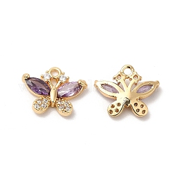 Real 18K Gold Plated Brass Pendant, with Glass, Butterfly Charms, Medium Purple, 10.5x13x3.3mm, Hole: 1.2mm