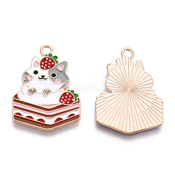 Alloy Enamel Pendants, Cadmium Free & Lead Free, Cat with Strawberry, Pink, 30x21.5x1mm, Hole: 2mm