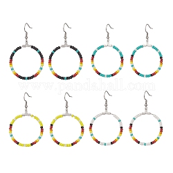 4 Pairs 4 Color Glass Seed Beaded Big Circle Dangle Earrings Set, 316 Surgical Stainless Steel Wire Wrap Jewelry for Women, Mixed Color, 58~59mm, Pin: 0.6mm, 1 Pair/color