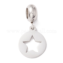 304 Stainless Steel European Dangle Charms, Large Hole Pendants, Flat Round with Star, Stainless Steel Color, 23.5mm, Hole: 4.5mm
