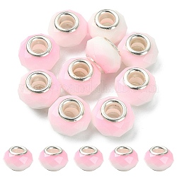 Glasperlen europäischen, Großloch perlen, mit silberfarbenen Messingdoppeladern, facettierte Rondelle, rosa, 14x9 mm, Bohrung: 5 mm