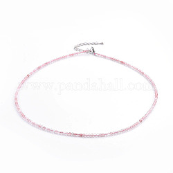 Natural Strawberry Quartz Beaded Necklaces, with Brass Findings, Round, Faceted, Platinum, 16.3 inch(41.5cm), beads: 2.5mm