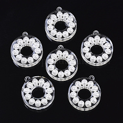 Transparent Acrylic Pendants, with ABS Plastic Imitation Pearl, Ring, White, 36x31.5x8mm, Hole: 2mm