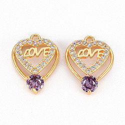 Brass Micro Pave Colorful Cubic Zirconia Pendants, Heart with Love, Real 18K Gold Plated, 18.5x14x5.5mm, Hole: 1.6mm