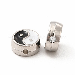 Legierung Emaille-Perlen, flach rund mit Yin-Yang, Platin Farbe, 8.5x3.5 mm, Bohrung: 1 mm