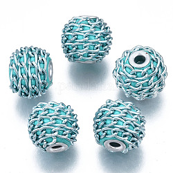 Perles Indonésiennes manuelles, avec des chaînes d'aluminium, ronde, couleur d'argent, turquoise foncé, 16.5~18x14~15mm, Trou: 3~3.5mm