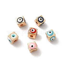 Perles d'émail en alliage, or clair, cube avec le mauvais œil, couleur mixte, 5.5x6x6mm, Trou: 1.8mm