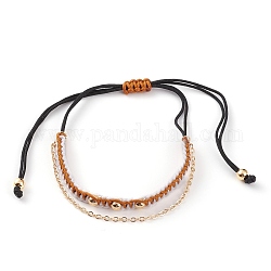 Bracelets de perles de nylon tressés réglables, Bracelets de multi-brins, avec perles rondes en laiton doré et chaînes forçats, chocolat, diamètre intérieur: 1~3-1/2 pouce (2.6~9 cm)