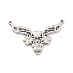 304 Stainless Steel Chandelier Components Links, Wing with Heart & Flower, Stainless Steel Color, 36x47x3mm, Hole: 1.5mm and 2mm