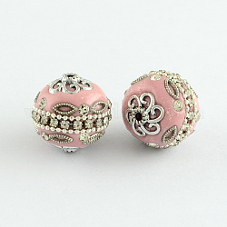 Round Handmade Grade A Rhinestone Indonesia Beads, with Alloy Antique Silver Metal Color Cores, Pink, 20mm, Hole: 2mm