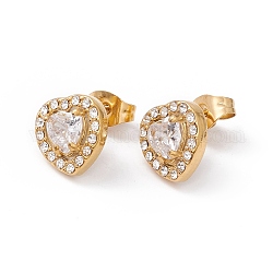 Boucles d'oreilles clous coeur zircone cubique et strass, placage ionique (ip) 304 bijoux en acier inoxydable pour femmes, or, clair, 10x10mm, pin: 0.6 mm