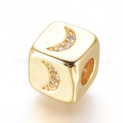 Messing Perlen, mit Mikro ebnen Zirkonia, Würfel mit Mond, Transparent, golden, 6x6x6 mm, Bohrung: 3 mm