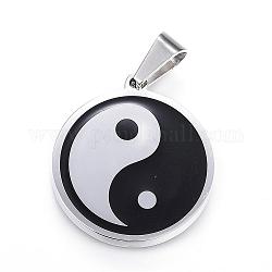 Ciondoli in acciaio inossidabile feng shui 304, smalto, piatta e rotonda con yin yang, colore acciaio inossidabile, 28.5x25.5x3mm, Foro: 9.5x5 mm