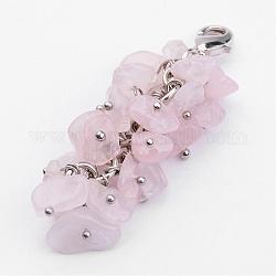 Puce naturelle quartz rose Pendentif décorations, avec fermoirs mousquetons en laiton  , platine, rose, 53mm