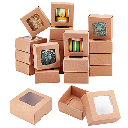 Boîtes-cadeaux de bijoux en carton de papier kraft pliant, avec fenêtre apparente en pvc, carrée, burlywood, produit fini: 8x8x4cm