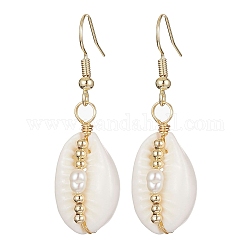 Orecchini pendenti con conchiglie naturali e perle, orecchini avvolti in filo di ottone, oro, 44x13.5mm