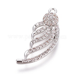 Brass Micro Pave Cubic Zirconia Pendants, Wing, Clear, Platinum, 27x10.5x4mm, Hole: 1.2mm