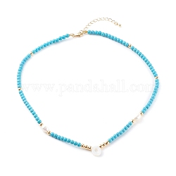 Natural Shell Initial Pendant Necklaces, with Synthetic Turquoise Beads and Natural Pearl Beads, Letter O, Golden, Deep Sky Blue, 17.12 inch(43.5cm)