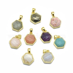Natural Mixed Stone Pendants, with Golden Tone Brass Findings, Hexagon, Faceted, 13.5x14x5mm, Hole: 2.5x3.5mm