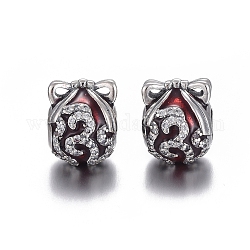 925 Sterling Silver European Beads, Large Hole Beads, with Cubic Zirconia and Enamel, Carved with 925, Gift, Dark Red, Thai Sterling Silver Plated, 12x11.5x10.5mm, Hole: 4.5mm