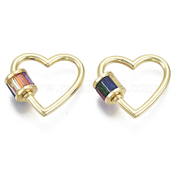 Brass Micro Pave Cubic Zirconia Screw Carabiner Lock Charms, Heart, Nickel Free, Real 16K Gold Plated, Colorful, 21x21x2mm, Screw: 7x7mm