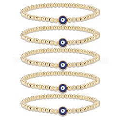Anattasoul Set di braccialetti elasticizzati con perline in ottone da 5 pezzo, protezione contro il malocchio bracciali fortunati per le donne, oro, diametro interno: 2-3/8 pollice (5.9 cm)