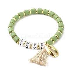 Mot amour perles bracelet extensible pour fille femmes, bracelet à breloques en forme de coquillage cauri et pampille, or, vert jaune, diamètre intérieur: 2-1/8 pouce (5.5 cm)