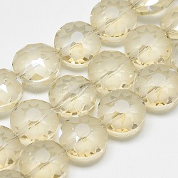 Electroplate Glass Beads Strands, Frosted, Rainbow Plated, Faceted, Flat Round, Light Goldenrod Yellow, 14x8~10mm, Hole: 1.5mm, about 50pcs/strand, 26.77 inch