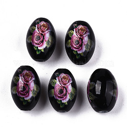 Bedruckte und sprühlackierte opake Glasperlen, oval mit Blumenmuster, Schwarz, 15x10 mm, Bohrung: 1.6 mm